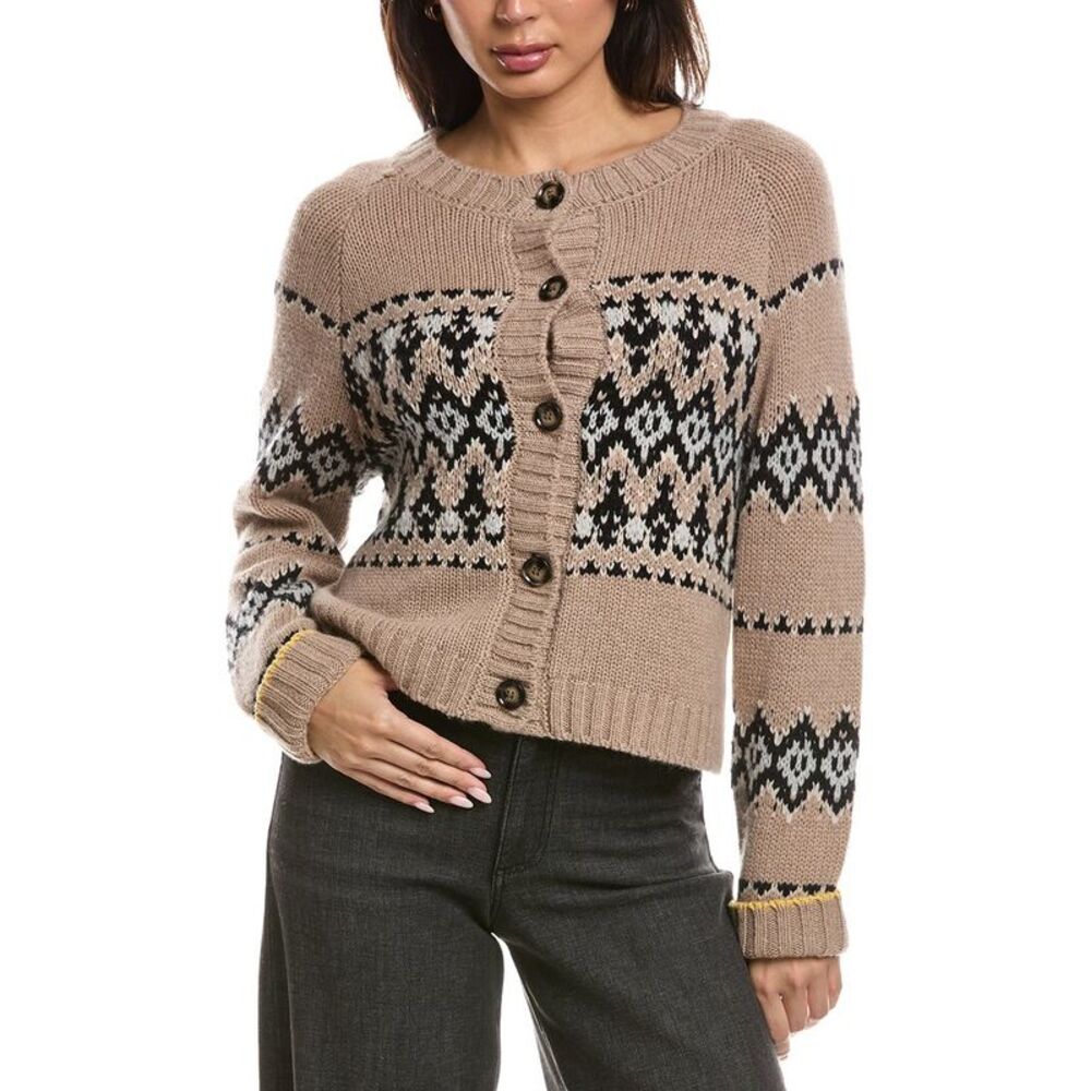 The Cashmere Project Womens  Fairisle Cropped 100% Cashmere Cardigan, Grey